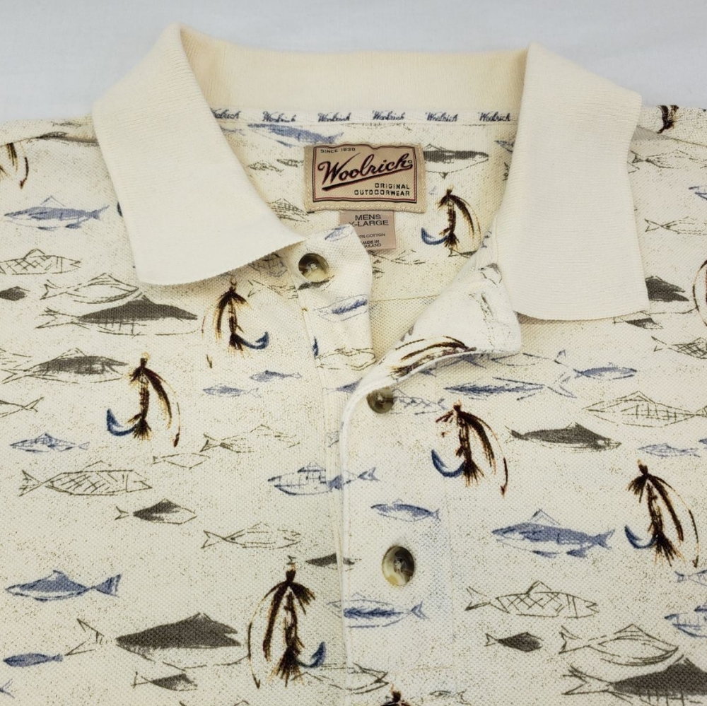WOOLRICH Polo Marble ALL OVER Fish Shirt Fly Fishing Men's Size XL High Low Hem